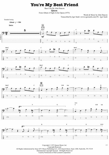 Free Sheet Music You Re My Best Friend Queen John Deacon Complete And Accurate Bass Transcription Whit Tab