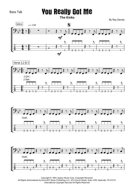 You Really Got Me Bass Guitar Sheet Music