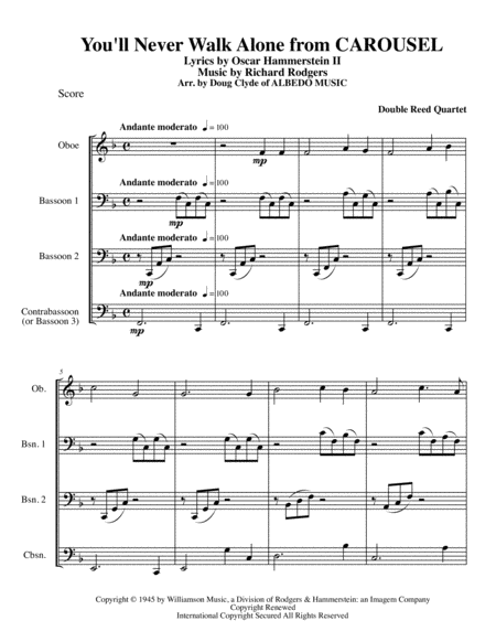 Free Sheet Music You Will Never Walk Alone From Carousel For Double Reed Quartet