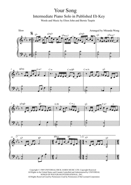 Your Song Intermediate Piano Solo In Published Eb Key With Chords Sheet Music