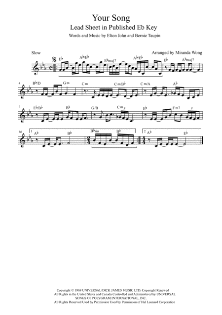 Your Song Lead Sheet In Published Eb Key With Chords Sheet Music