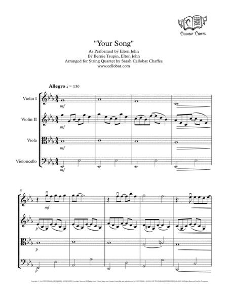 Your Song String Quartet Elton John Arr Cellobat Sheet Music