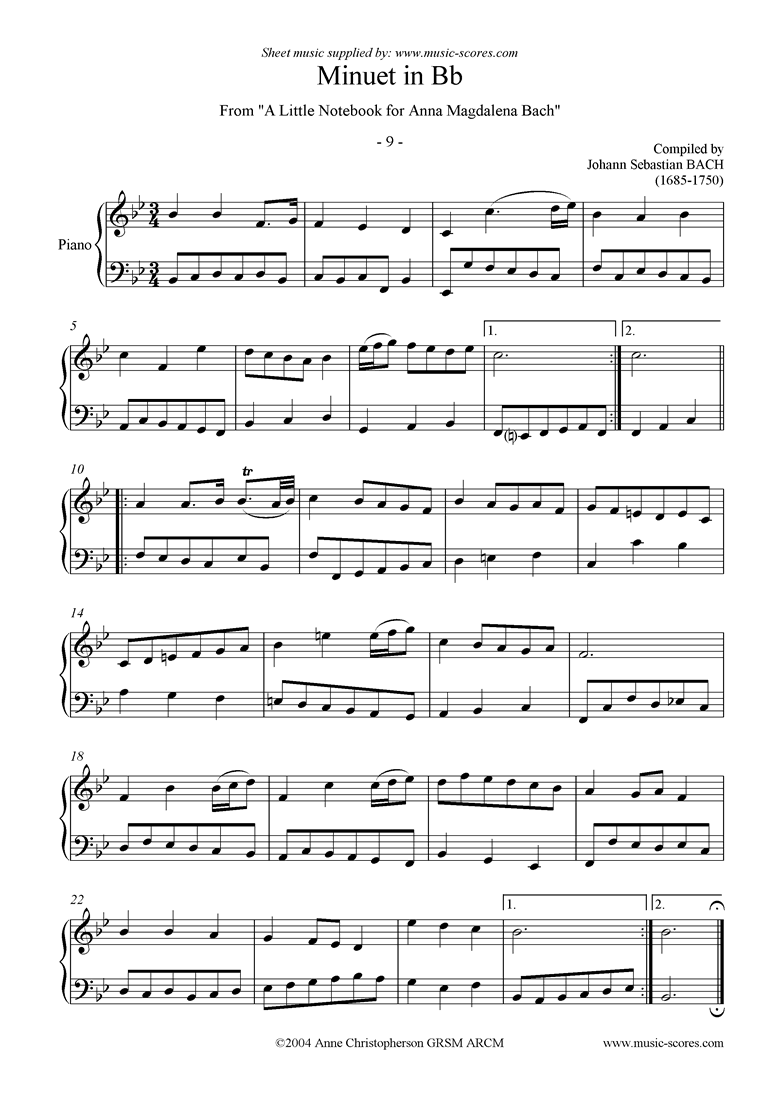 9 Minuets From The Notebook For Anna Magdalena Bach - J.S. Bach And Others - Piano Solo By Christian Petzold Free Sheet Music