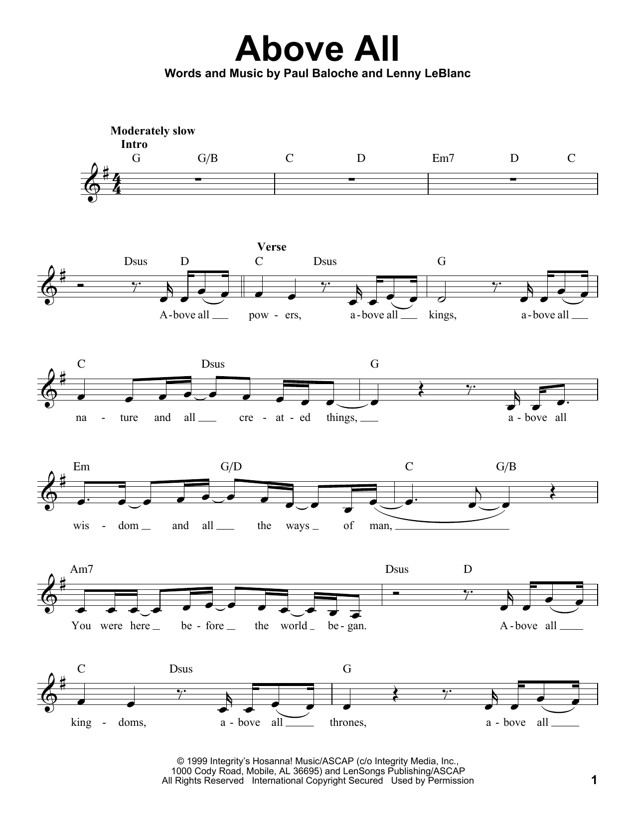 Above All By Paul Baloche Free Sheet Music