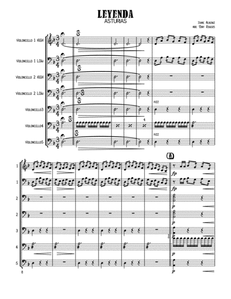 Albeniz Leyenda / Asturias For Cello Choir Or 5 Cellos By Issac Albeniz Free Sheet Music