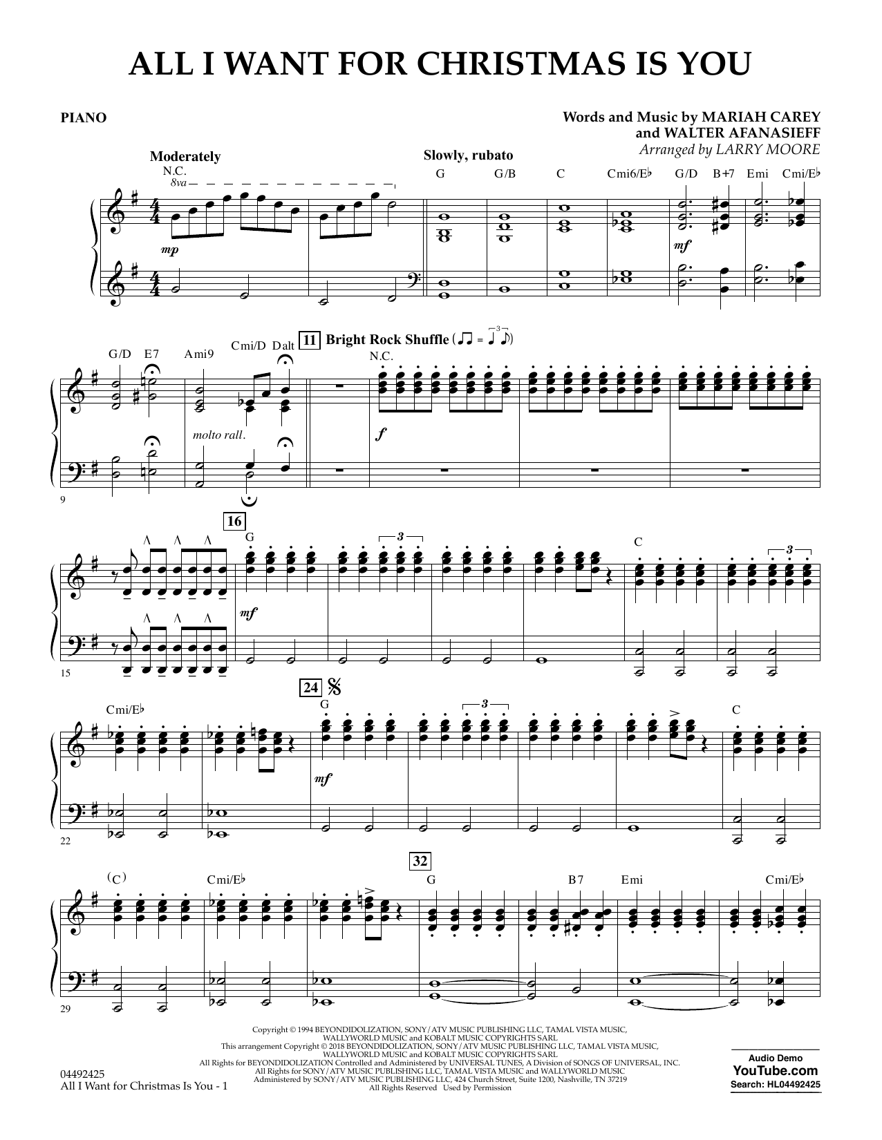 All I Want For Christmas Is You (arr. Larry Moore) - Piano By Mariah Carey Free Sheet Music