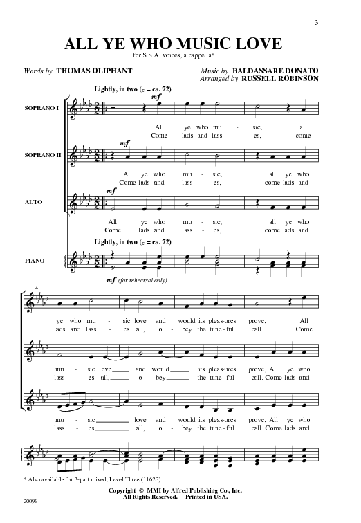 All Ye Who Music Love By Linda Spevacek Free Sheet Music