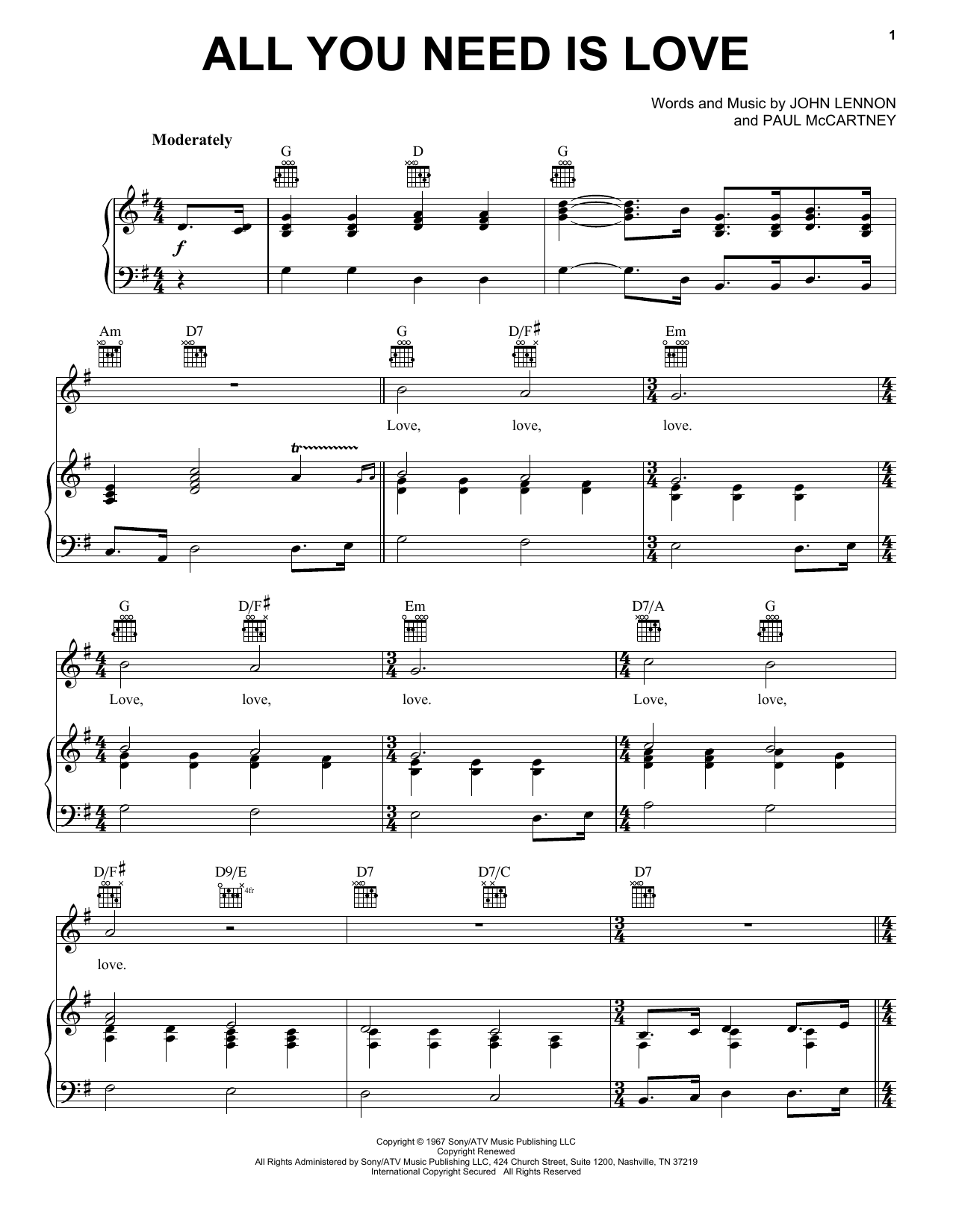 All You Need Is Love By The Beatles Free Sheet Music