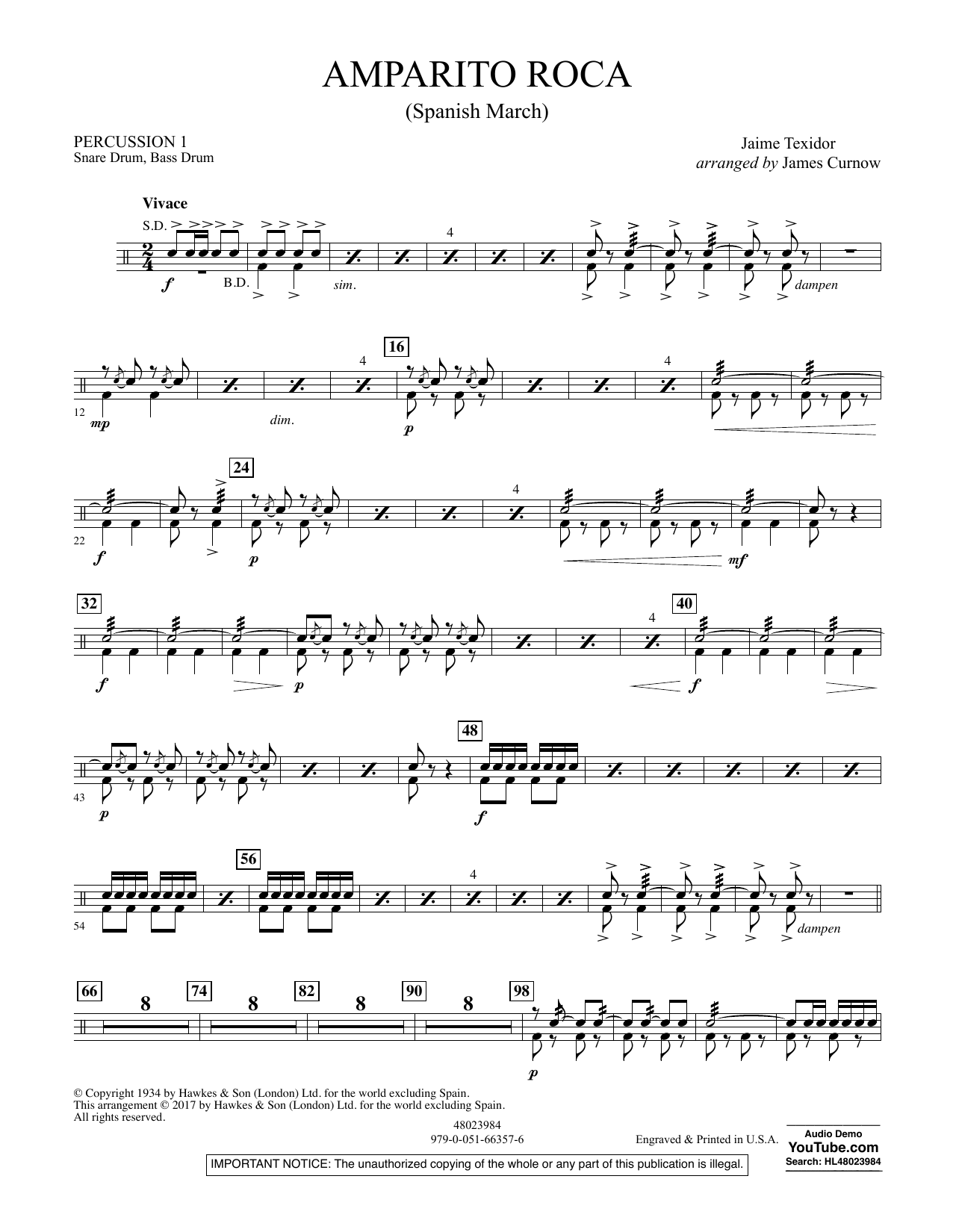 Amparito Roca - Percussion 1 By Jaime Texidor Free Sheet Music