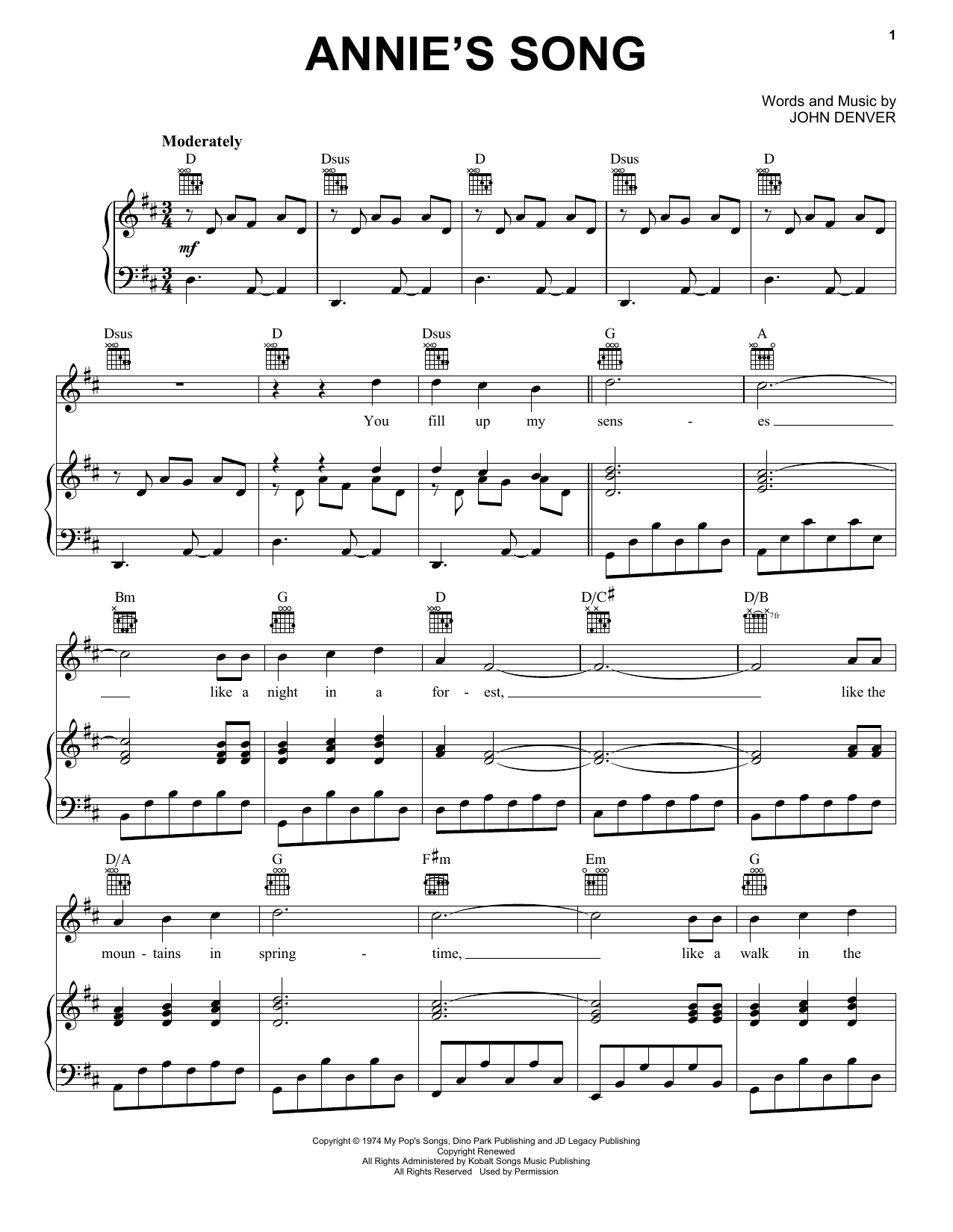 Annie's Song By John Denver Free Sheet Music