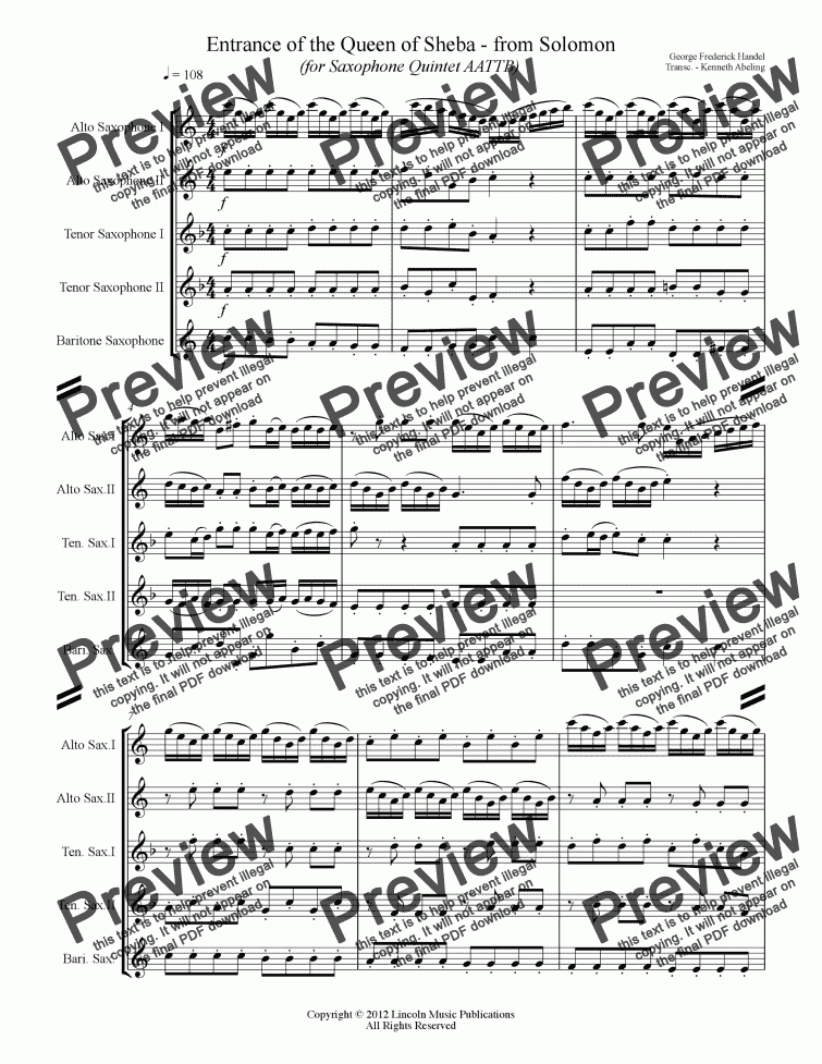 Arrival Of The Queen Of Sheba (for Saxophone Quintet AATTB) By George Frideric Handel Free Sheet Music