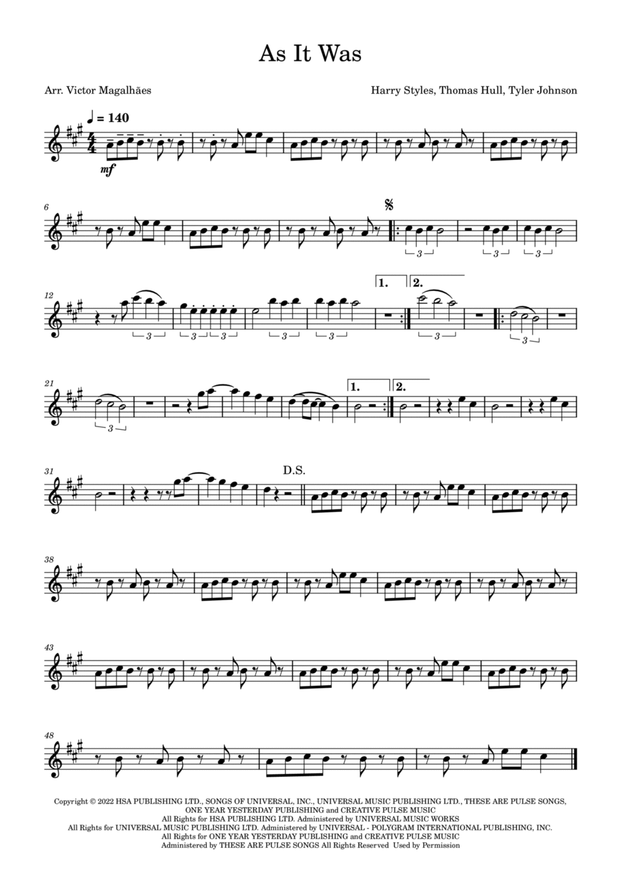 As It Was By Harry Styles Free Sheet Music