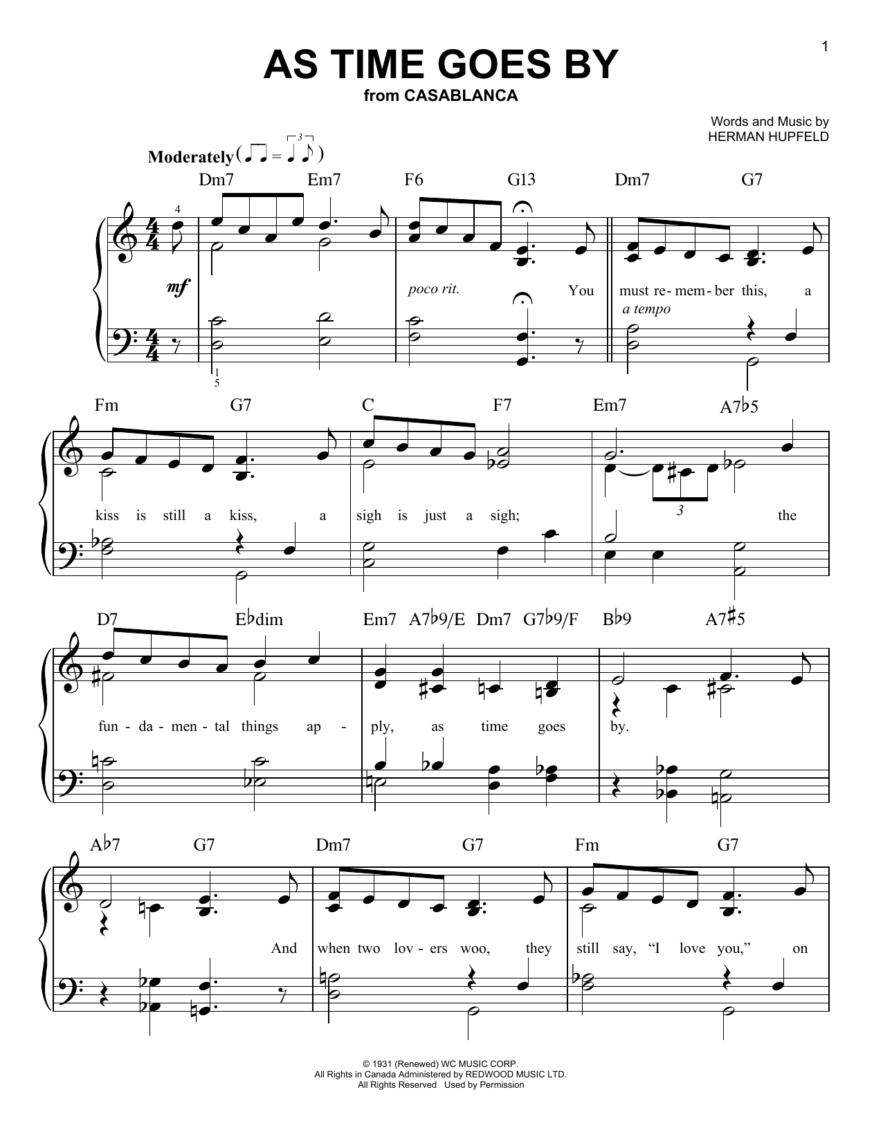 As Time Goes By By Herman Hupfeld Free Sheet Music