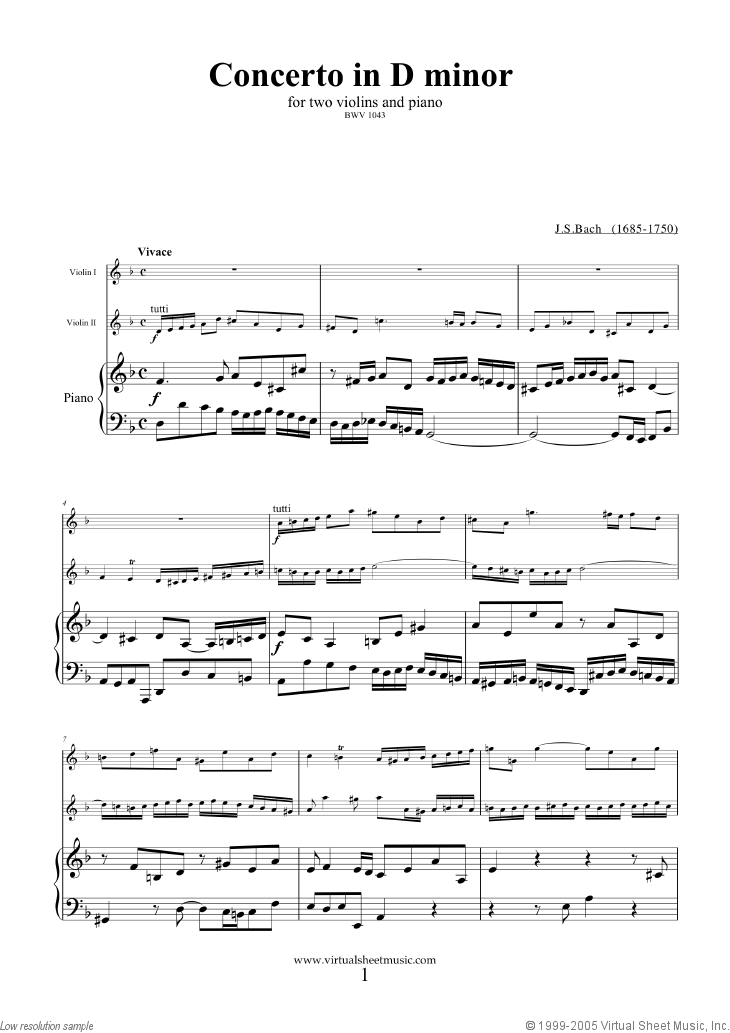 Bach: Double Violin Concerto In D Minor BWV 1043 (1st Movement) For String Quartet - Score And Parts By Johann Sebastian Bach Free Sheet Music