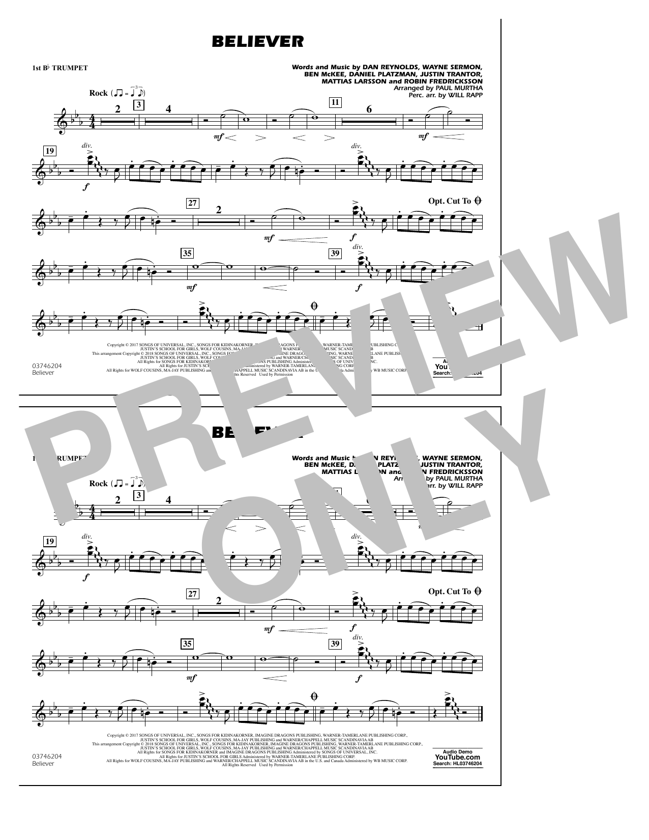 Believer - 1st Bb Trumpet By Imagine Dragons Free Sheet Music