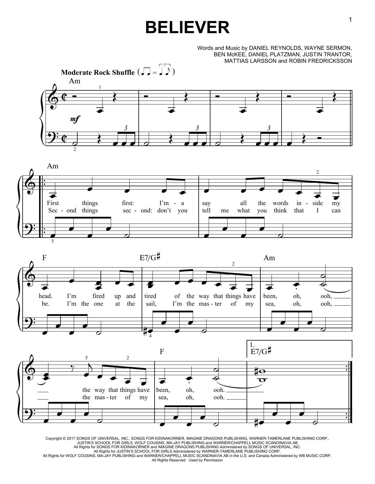 Believer By Imagine Dragons Free Sheet Music