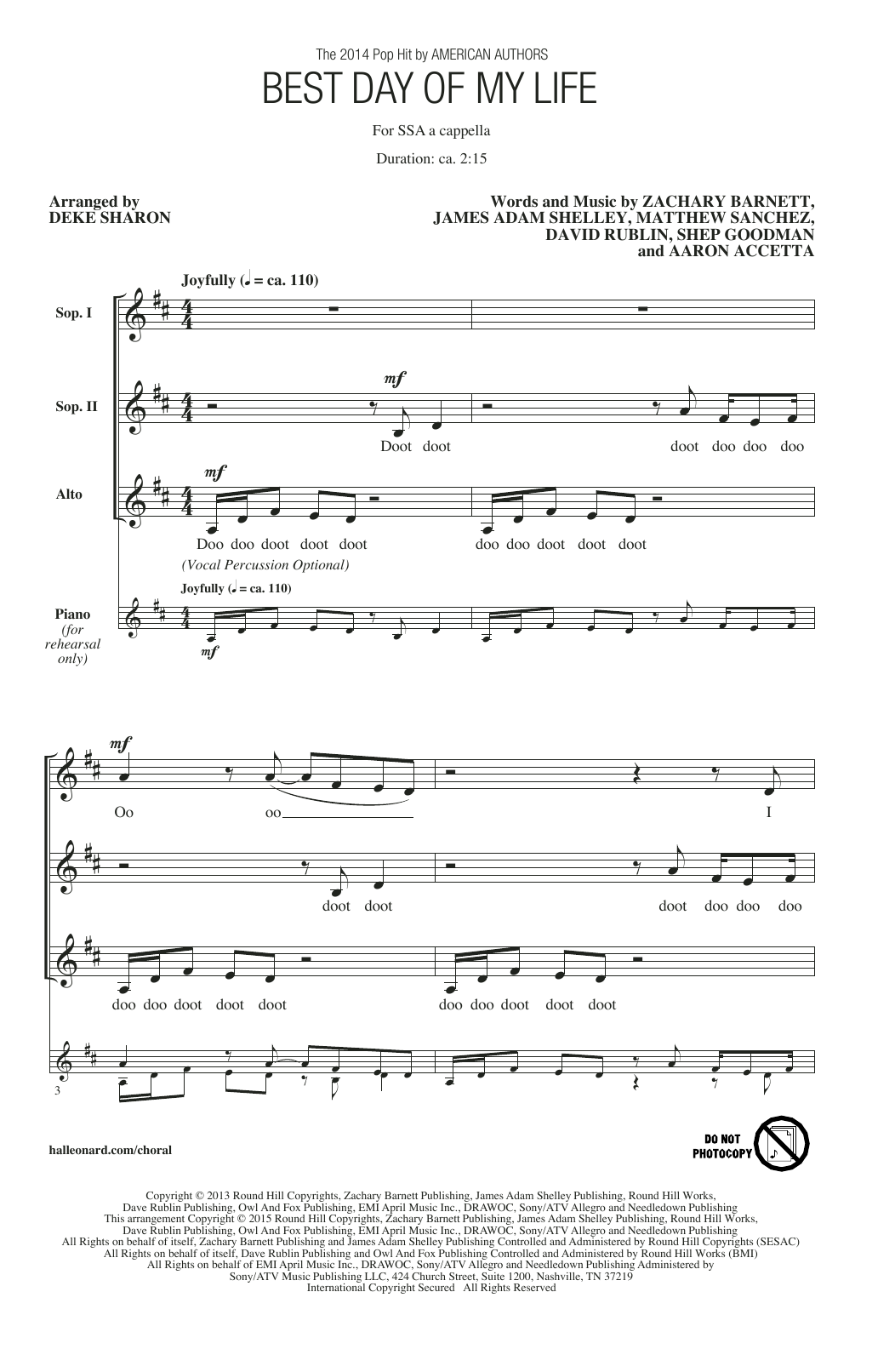 Best Day Of My Life (arr. Deke Sharon) By American Authors Free Sheet Music