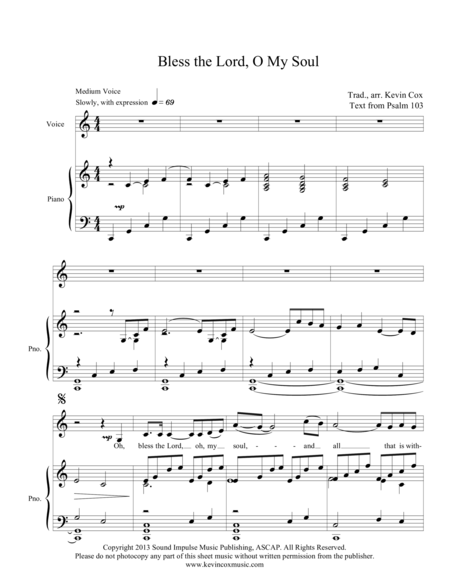 Bless The Lord, O My Soul - Low Voice By Kevin Cox Free Sheet Music