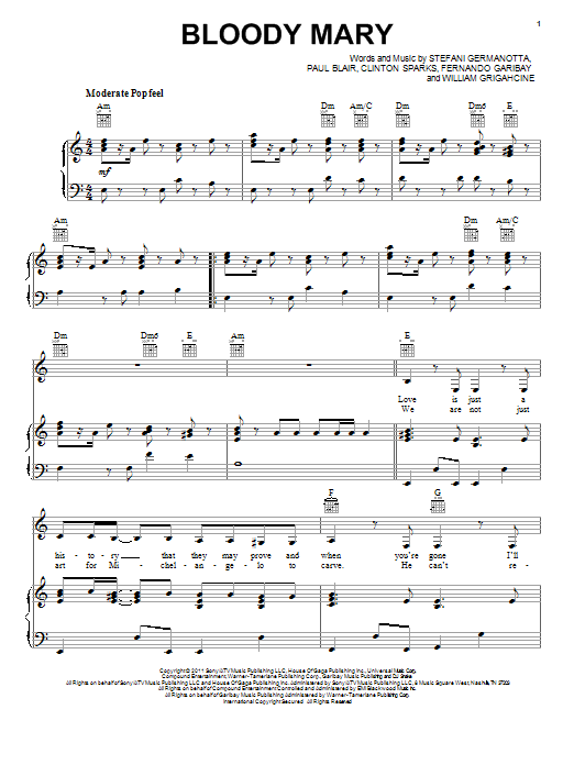 Bloody Mary By Lady Gaga Free Sheet Music