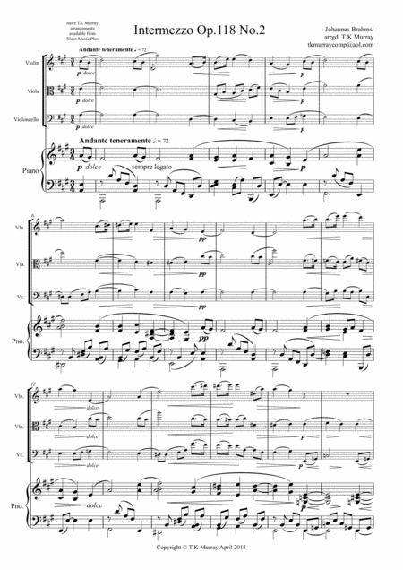 Brahms - Intermezzo Op.118 No.2 - Piano Quartet - Violin Viola Cello Piano By Johannes Brahms Free Sheet Music