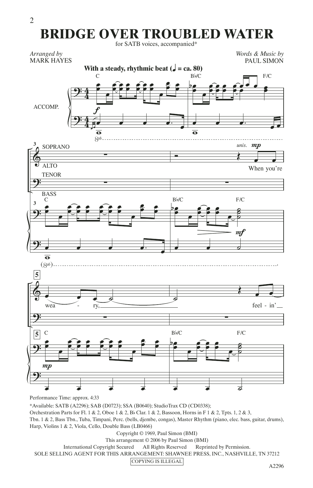 Bridge Over Troubled Water (arr. Mark Hayes) By Simon And Garfunkel Free Sheet Music