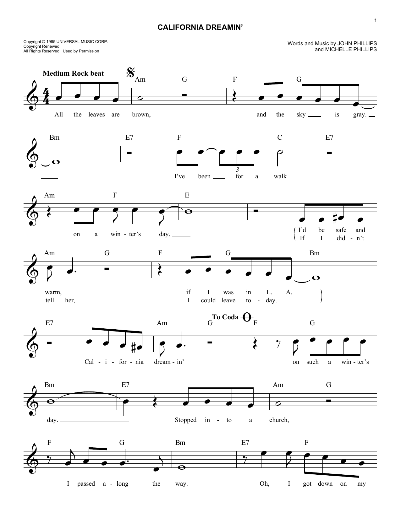 California Dreamin' By The Mamas And The Papas Free Sheet Music