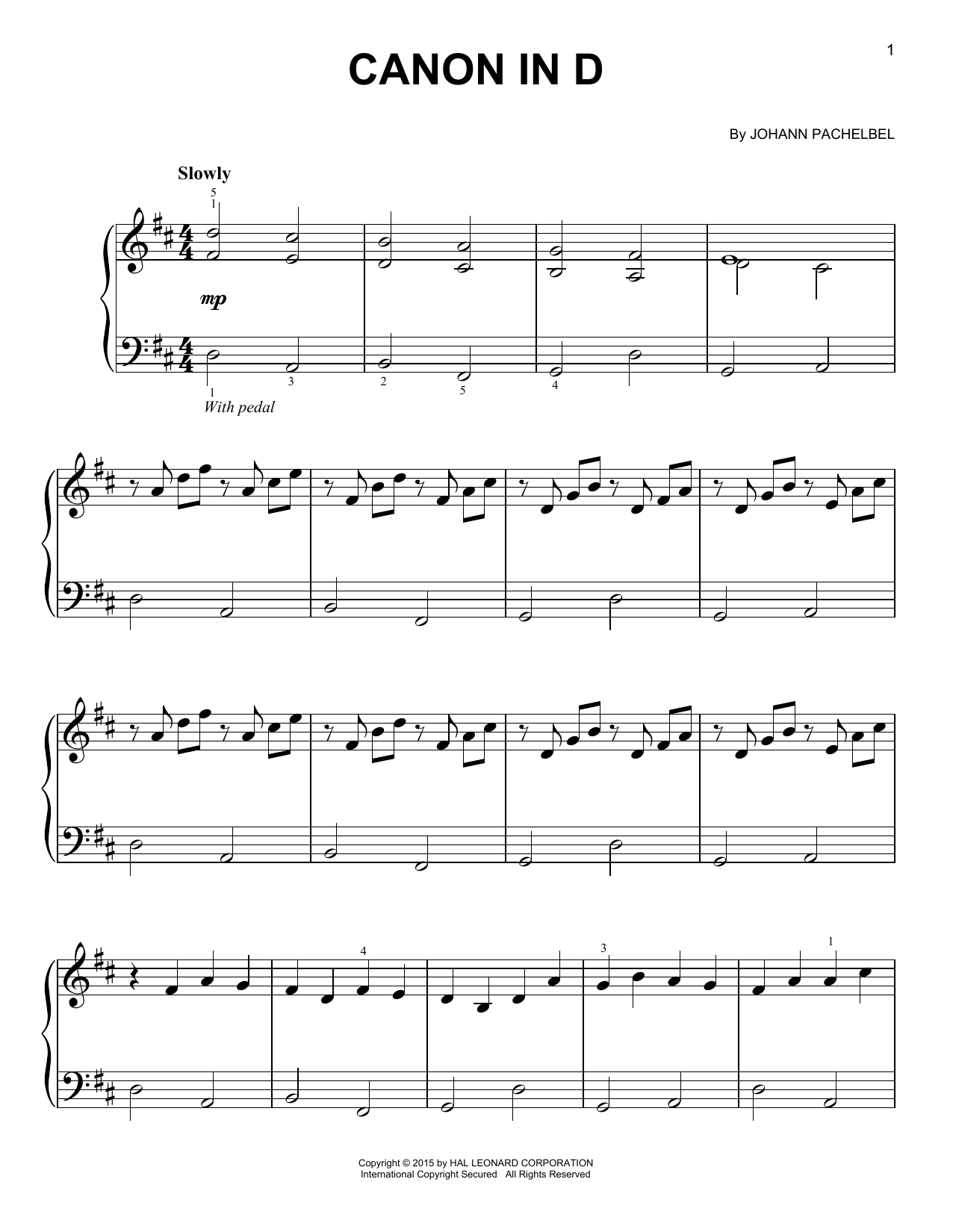 Canon In D By Pachelbel Easy Piano By Johann Pachelbel Free Sheet Music