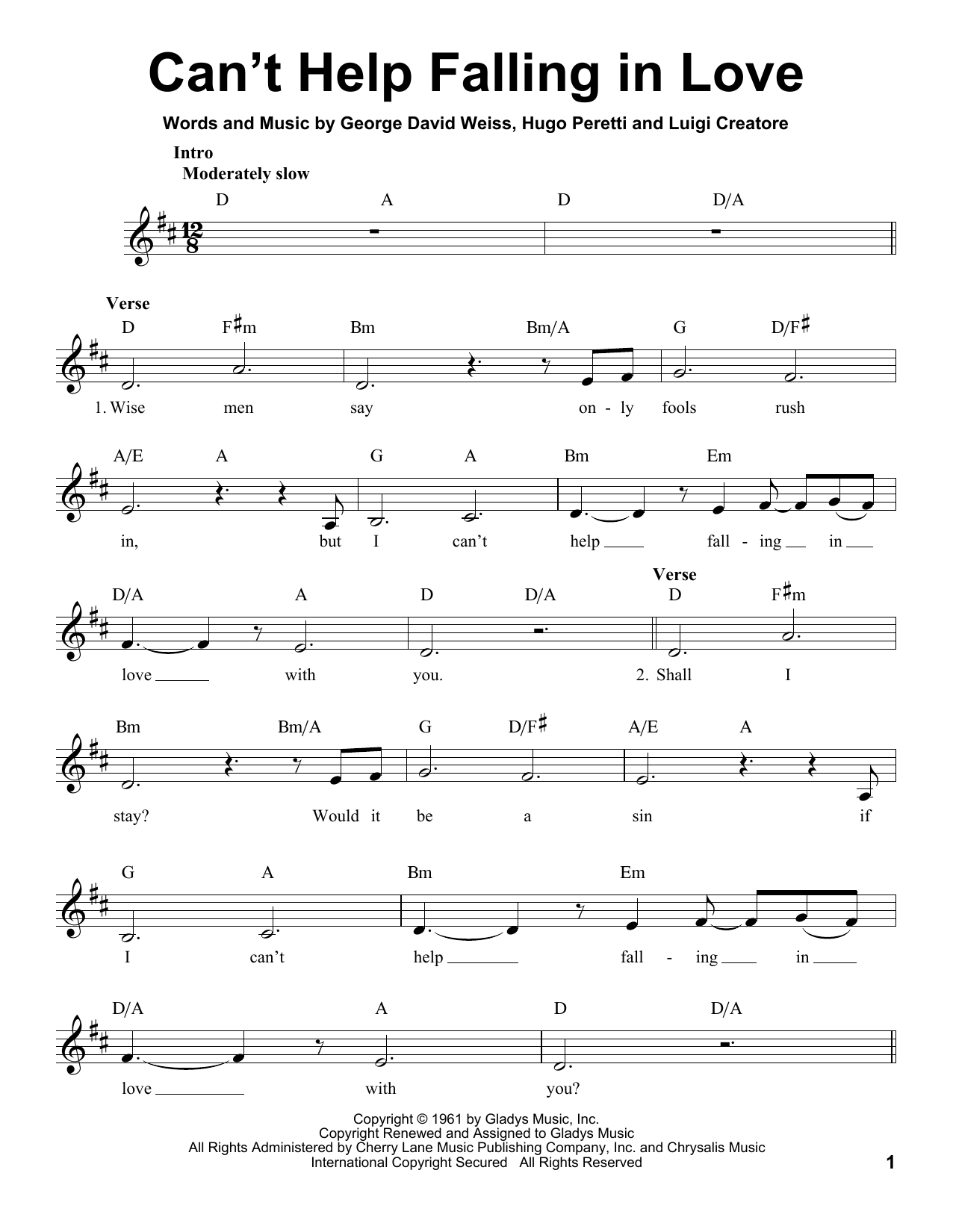 Can't Help Falling In Love By Elvis Presley Free Sheet Music