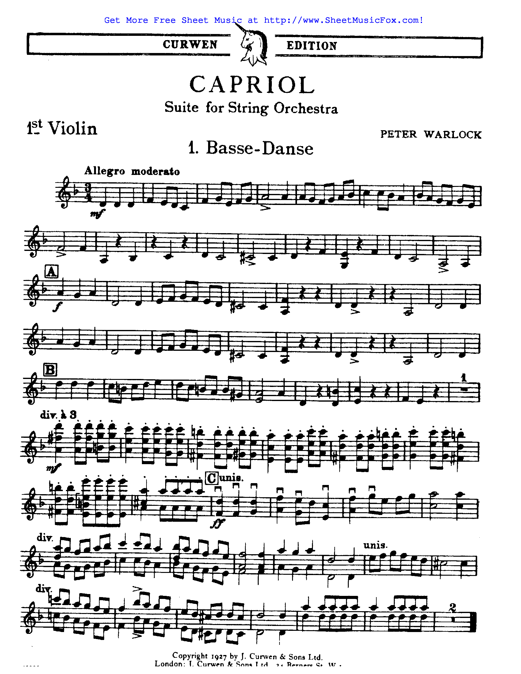 Capriol Suite By Peter Warlock Free Sheet Music