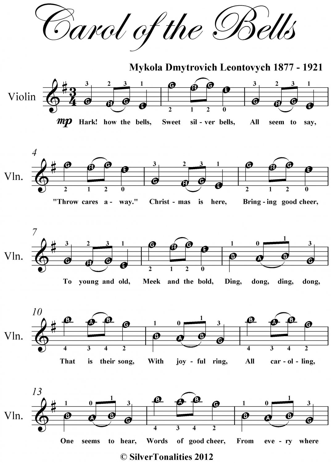 Carol Of The Bells (for Violin, Cello And Piano) By Mykola Leontovych Free Sheet Music