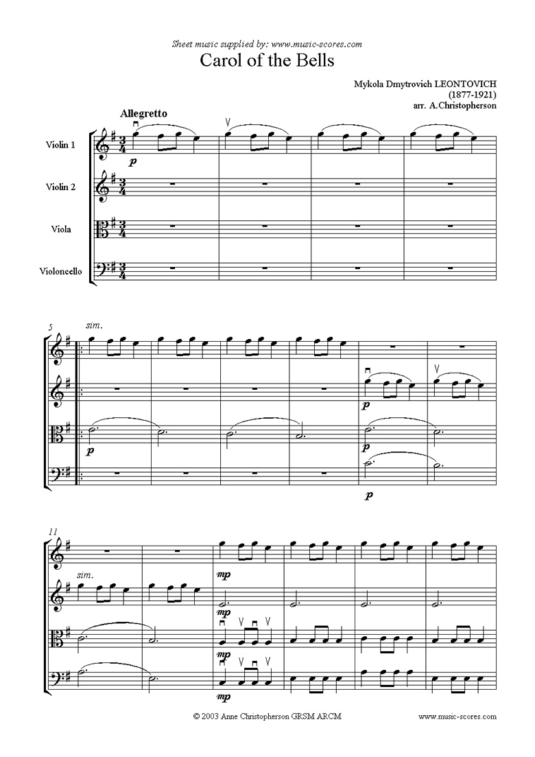 Carol Of The Bells String Quartet By Mykola Leontovych Free Sheet Music