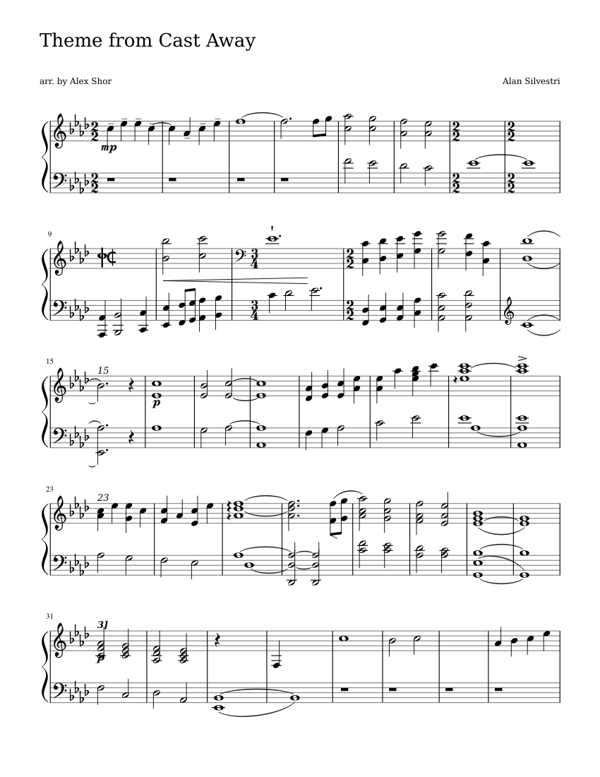 Cast Away End Credits By Alan Silvestri Free Sheet Music