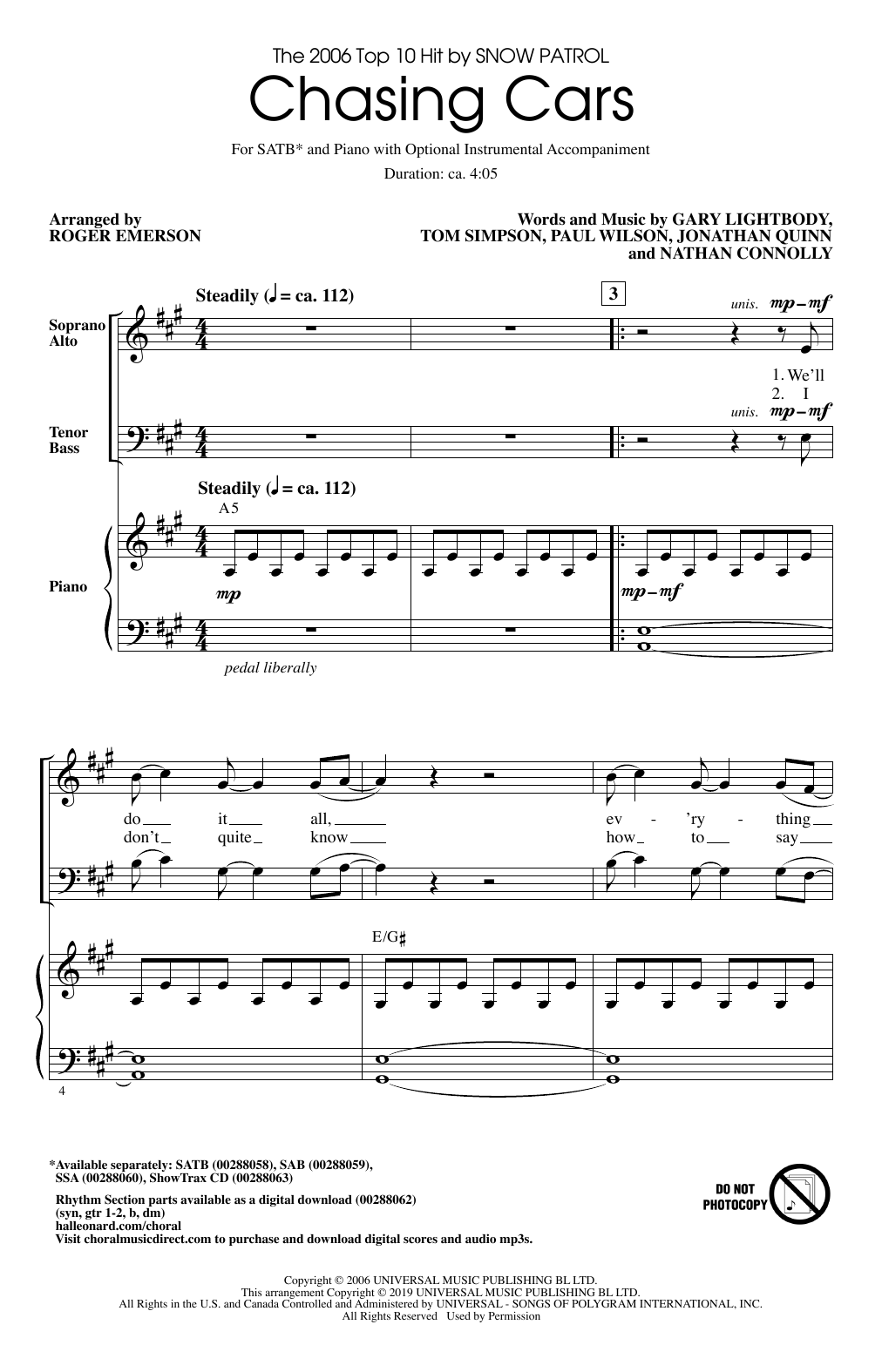 Chasing Cars (arr. Roger Emerson) By Snow Patrol Free Sheet Music