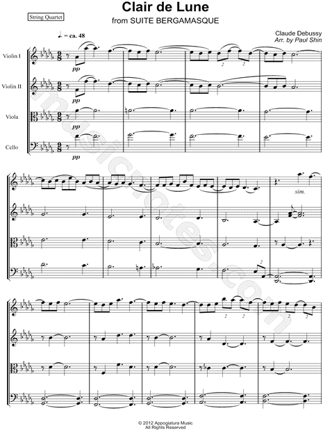 Claire De Lune In Db For String Quartet By Claude Debussy Free Sheet Music