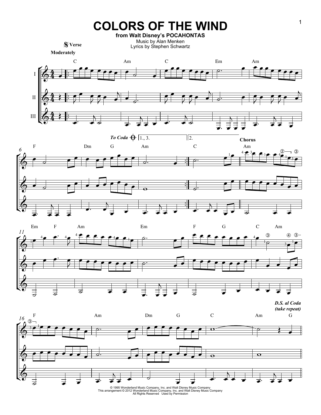 Colors Of The Wind By Vanessa Williams Free Sheet Music