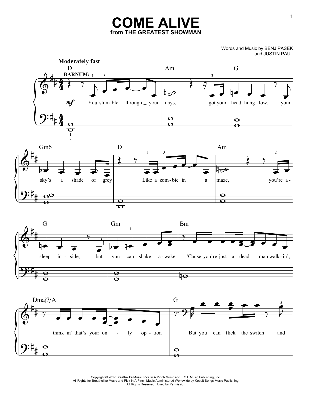 Come Alive By Benj Pasek Free Sheet Music