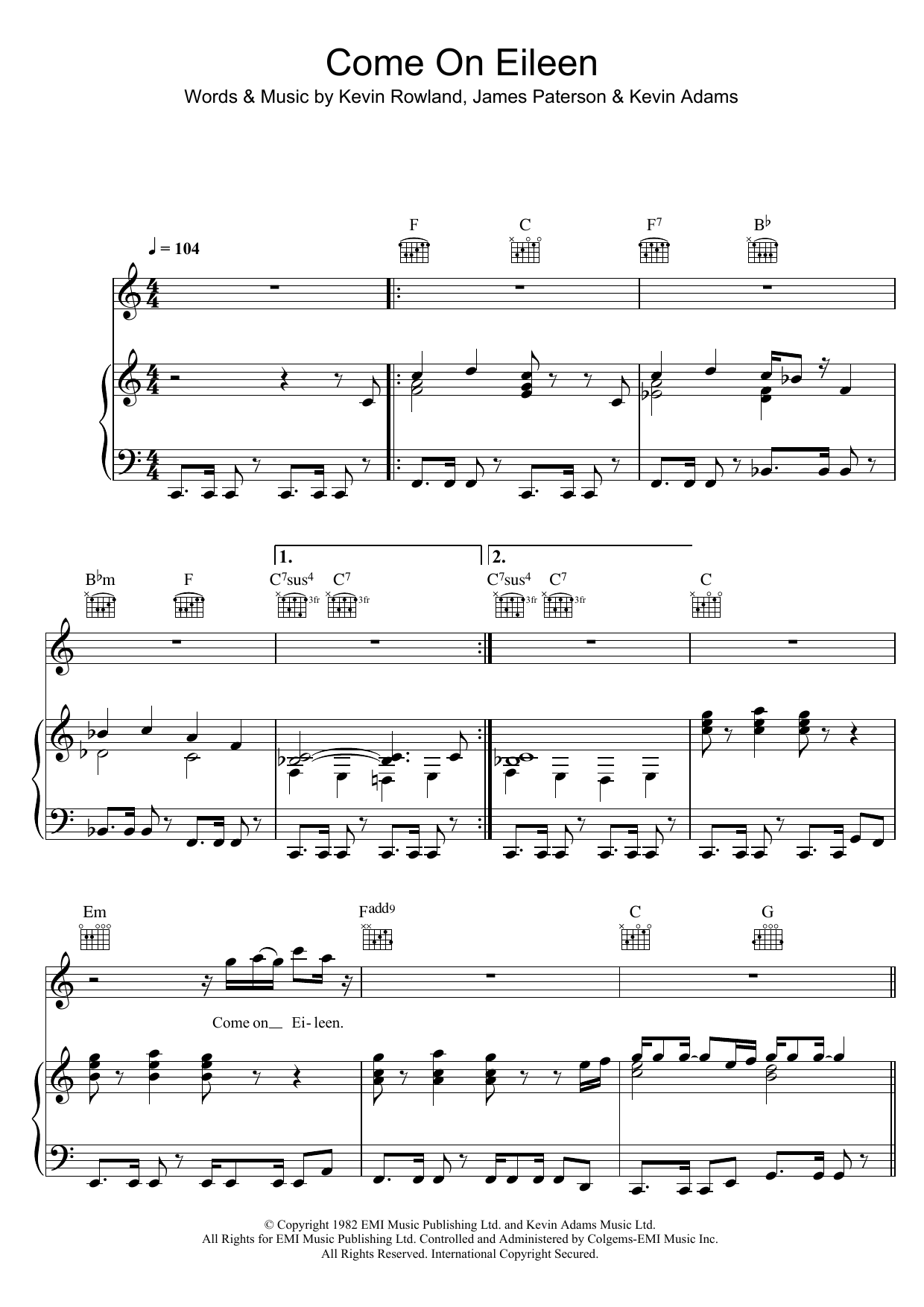 Come On Eileen By Dexy's Midnight Runners Free Sheet Music