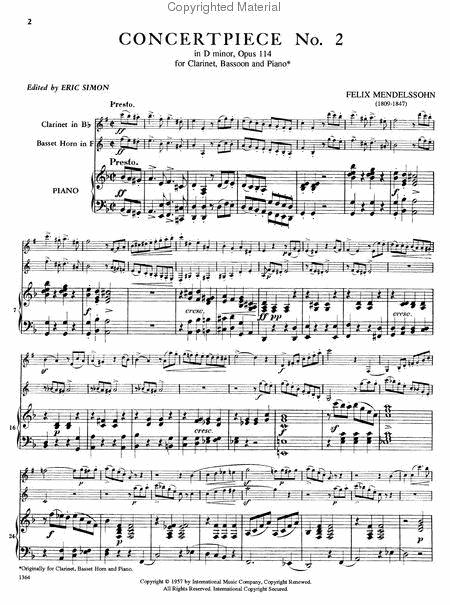 Concert Piece No. 2 In D Minor, Op. 114 For Clarinet, Bassoon (or Cello) & Piano Or 2 Clarinets & Piano By Felix Bartholdy Mendelssohn Free Sheet Music