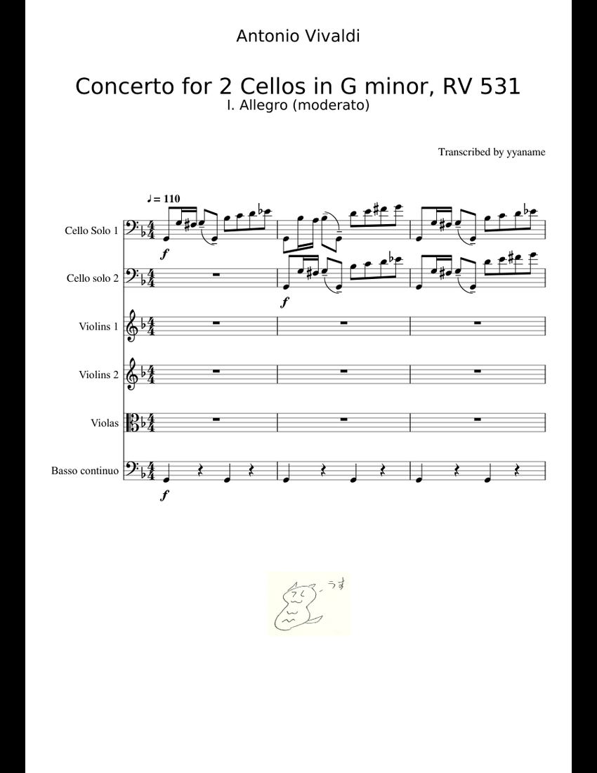 Concerto G Minor For 2 Cellos, Str Orch And Bc, Rv531 Set Of String Parts Urtext By Antonio Vivaldi Free Sheet Music