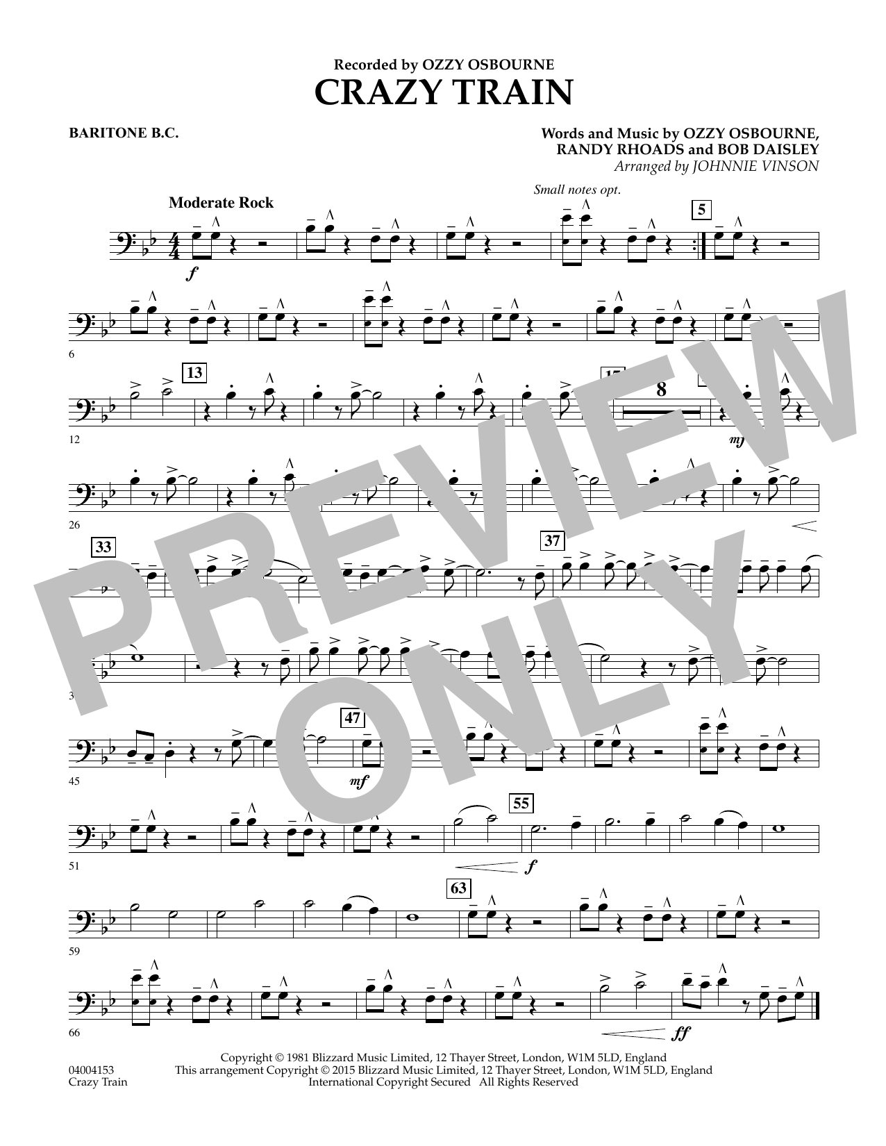 Crazy Train - Baritone B.C. By Ozzy Osbourne Free Sheet Music