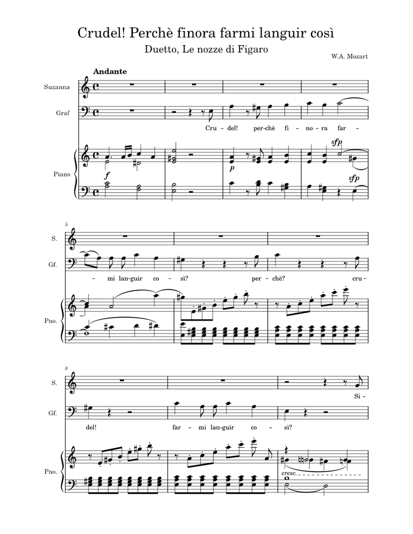 Crudel Perche Finora From Le Nozze Di Figaro By Wolfgang Amadeus Mozart Free Sheet Music