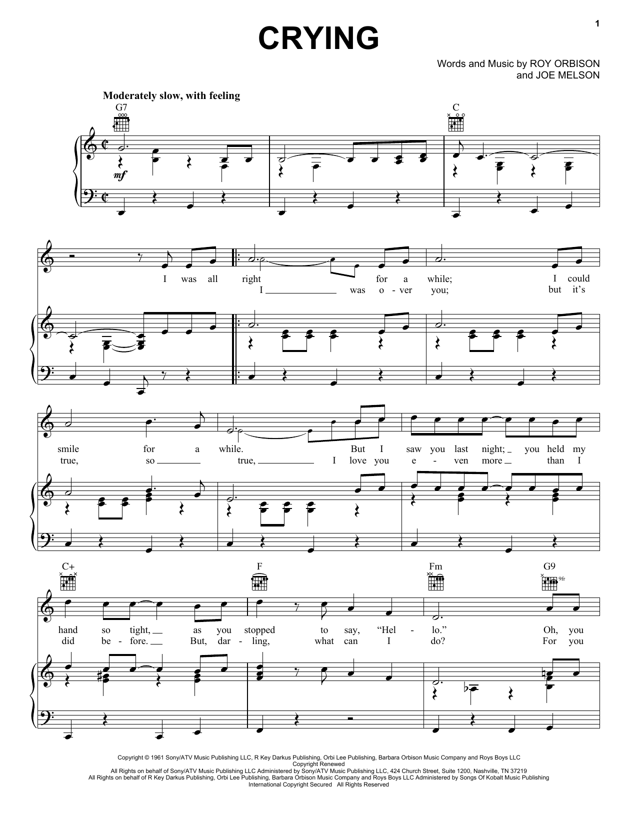 Crying By Roy Orbison Free Sheet Music