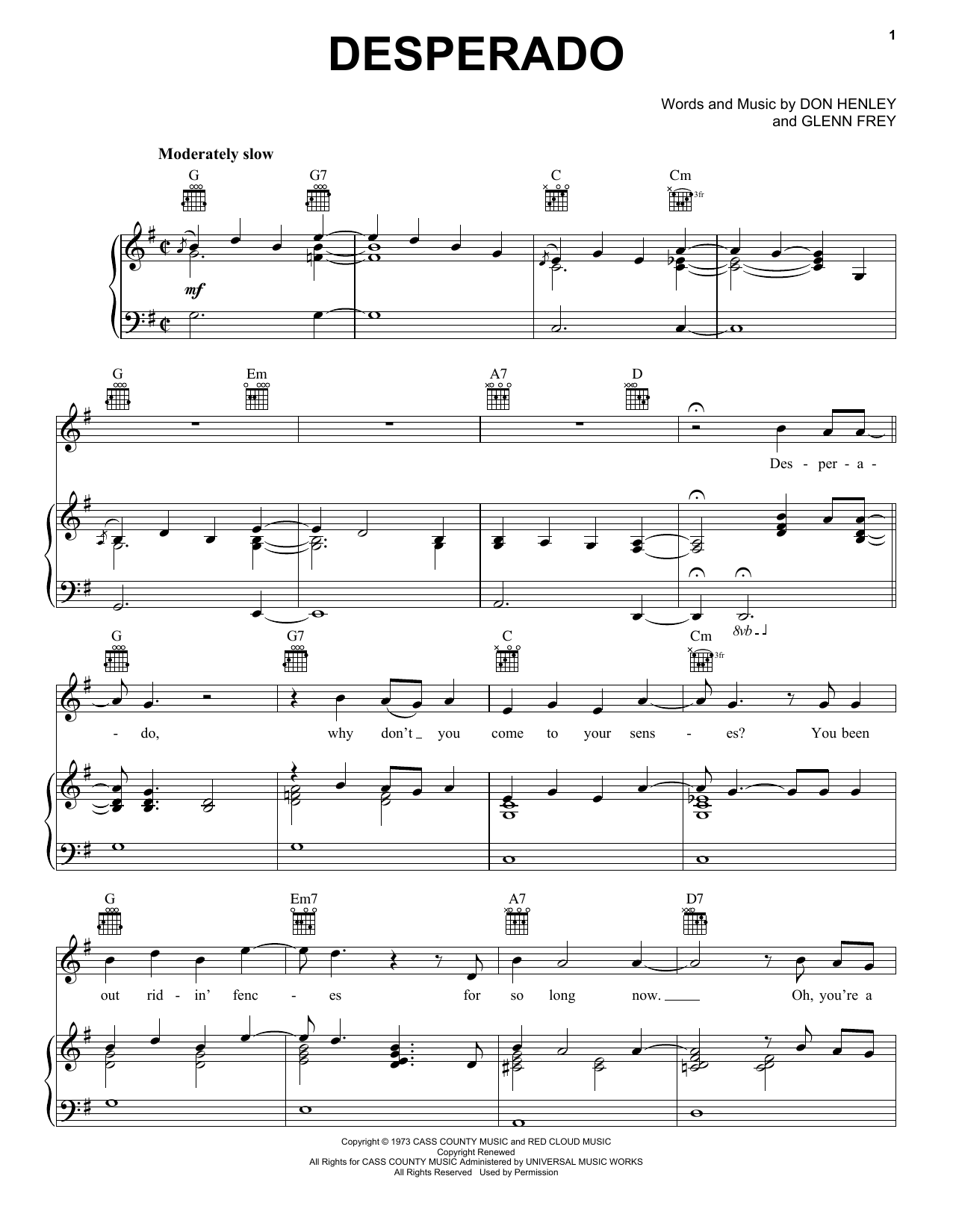 Desperado By The Eagles Free Sheet Music