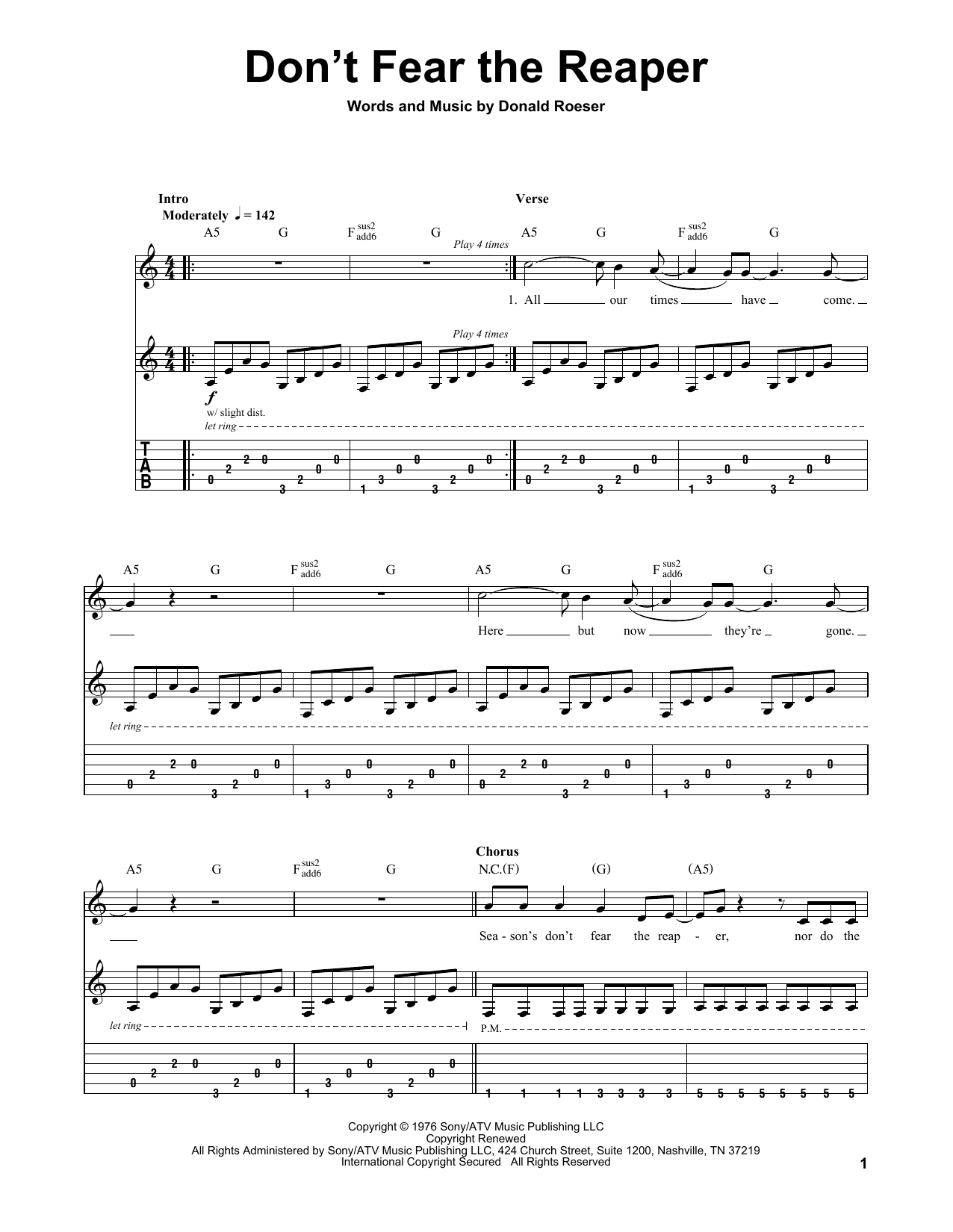 Don't Fear The Reaper By Blue Oyster Cult Free Sheet Music