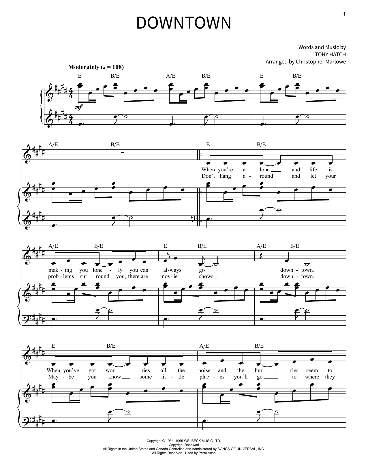 Downtown By Petula Clark Free Sheet Music