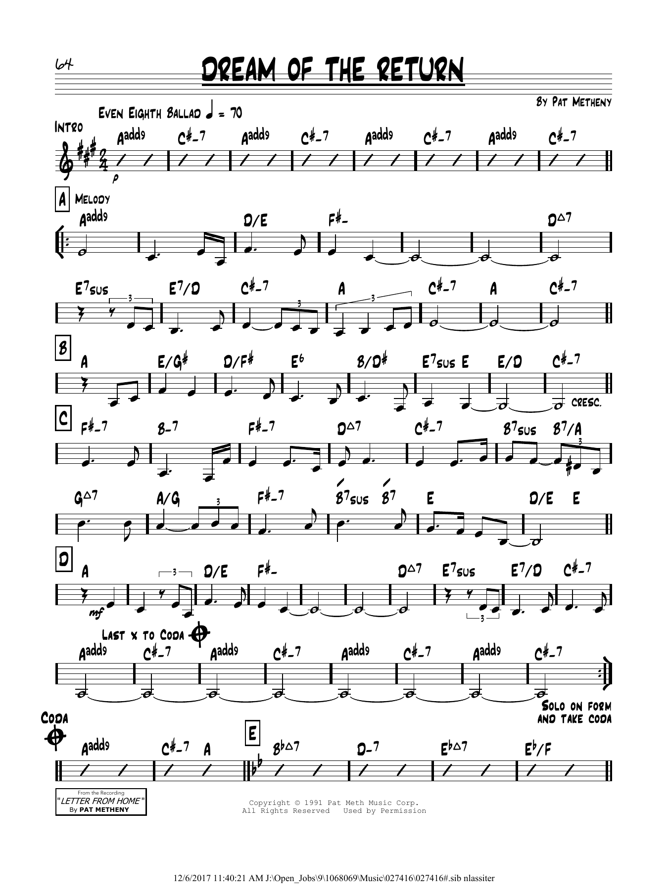 Dream Of The Return By Pat Metheny Free Sheet Music