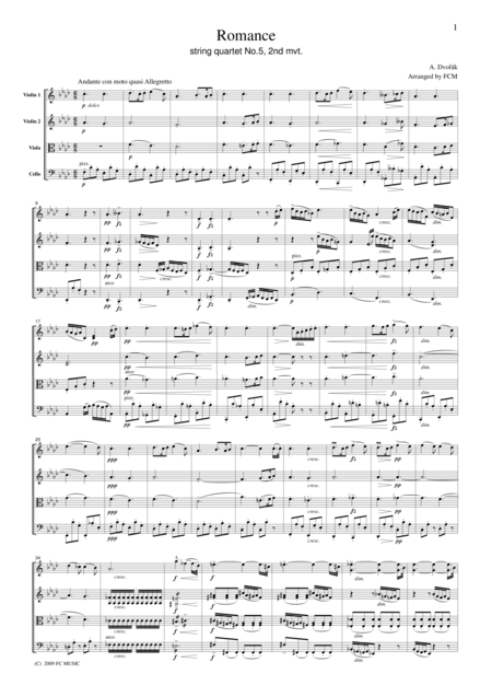 Dvorak  Romance From String Quartet No.5, 2nd Mvt., For String Quartet, CD204 By Antonin Dvorak Free Sheet Music