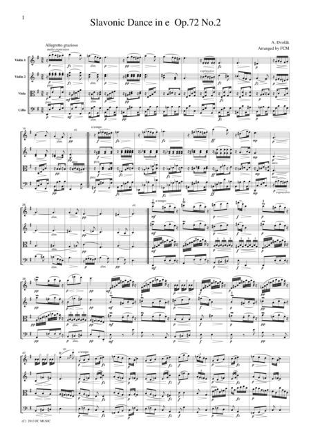 Dvorak  Slavonic Dance Op.72, No.2, For String Quartet, CD206 By Antonin Dvorak Free Sheet Music