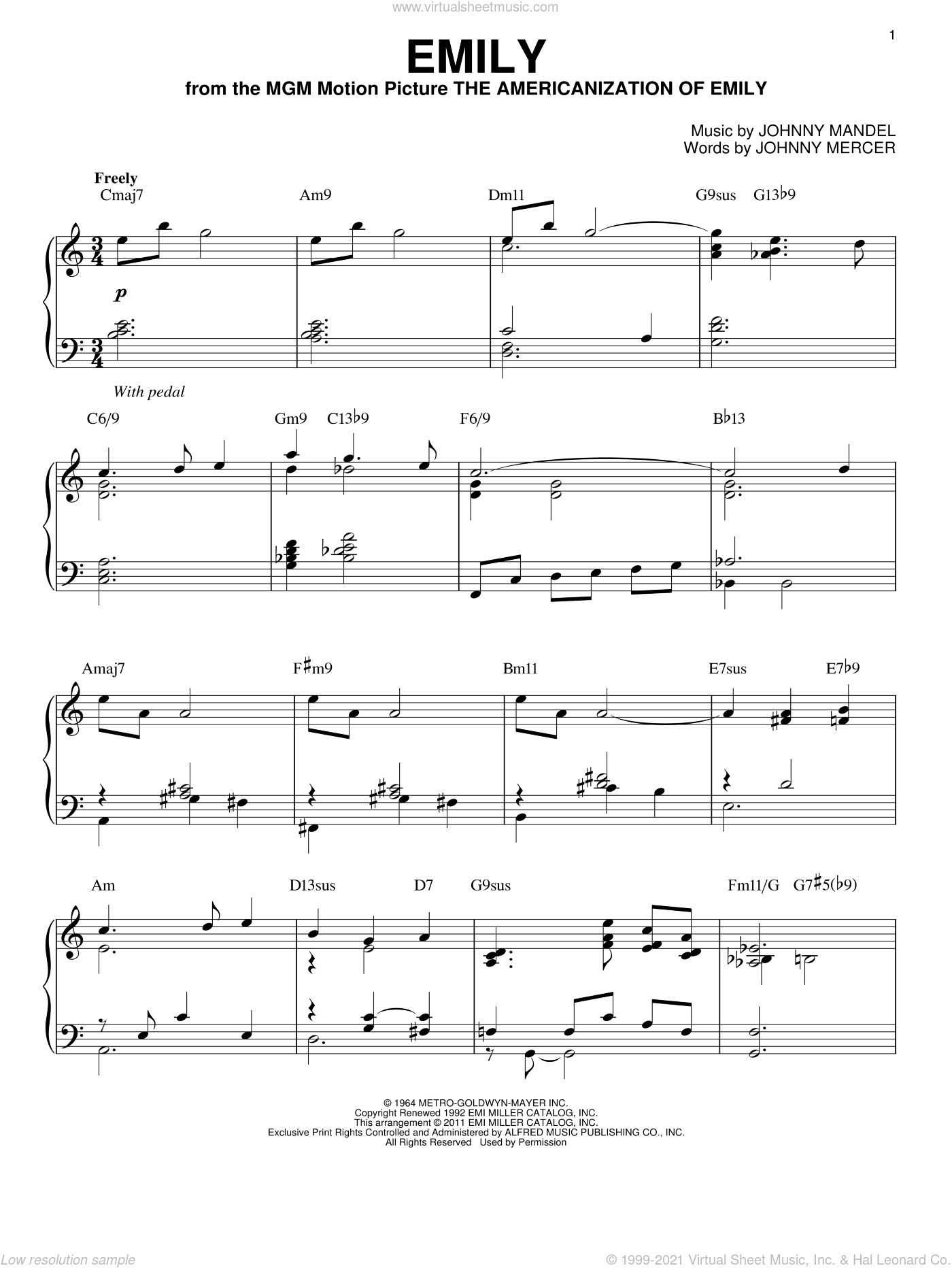 Emily By Andy Williams Free Sheet Music