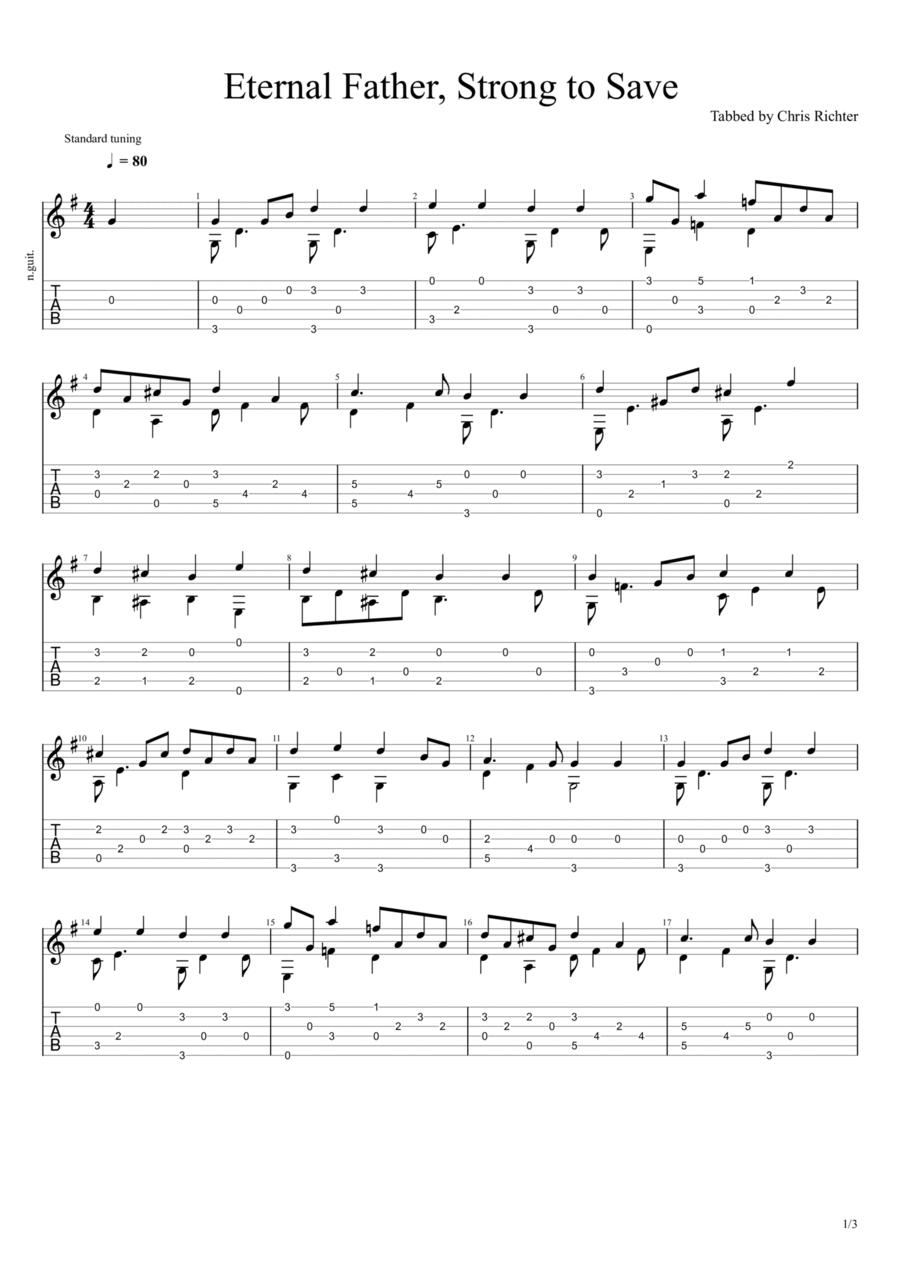 Eternal Father, Strong To Save (Solo Fingerstyle Guitar Tab) By Words: William Whiting/Music: John Bacchus Dykes Free Sheet Music